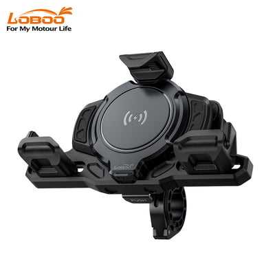 LOBOO-PH02S-Motorcycle Phone Holder with 15W Wireless & 24W Fast Charging – Anti-Vibration Handlebar Holder for iPhone, Samsung & More (65–98mm Width)