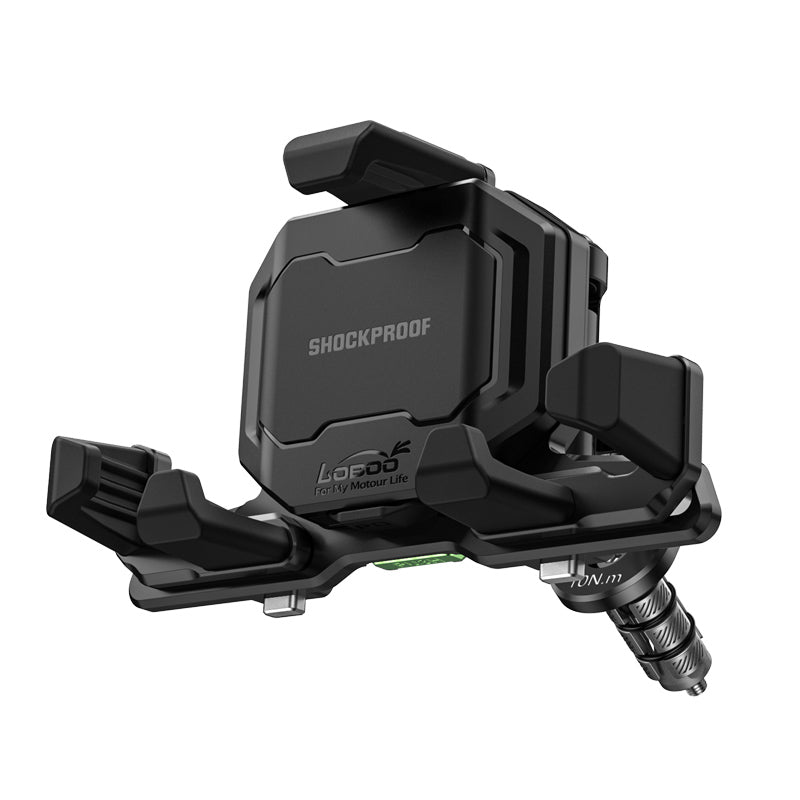 Motorcycle Phone Holder – Magnetic Damping, Auto-Lock Holder with Wired & Wireless Fast Charging, 360° Rotation for Handlebar 22–32mm