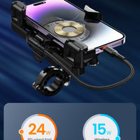 Motorcycle Phone Holder – Magnetic Damping, Auto-Lock Holder with Wired & Wireless Fast Charging, 360° Rotation for Handlebar 22–32mm