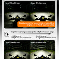 L11 Motorcycle Auxiliary Lights – 15000LM High/Low Beam with 3 Warning Modes, IP68 Waterproof, Intelligent Temp Control (Pair)