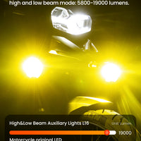 L16 Motorcycle Auxiliary Lights – 19000LM High & Low Beam LEDs, 3-Mode Warning, IP68 Waterproof, Intelligent Temp Control (Pair)